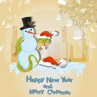 Illustration of the New Year and Christmas A snake wraps around a Snowman in a circle of snowflakes and a city in the background vector
