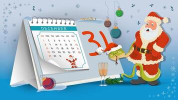 Illustration of New Year and Christmas Santa Claus looks at the date on the calendar background vector