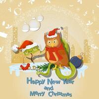 Illustration of the New Year and Christmas a snake and an owl in Santa hats in a circle of snowflakes and a city in the background vector