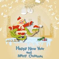 Illustration of the New Year and Christmas A snake wraps around a girl on skates in a circle of snowflakes and a city in the background vector
