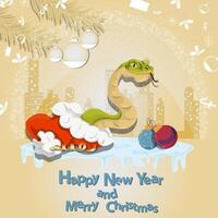 Illustration of the New Year and Christmas A snake crawls out of Santas hat in a circle of snowflakes and a city in the background vector