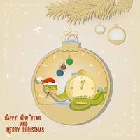 Illustration of the New Year and Christmas A snake wraps around a clock in a Christmas tree ball hanging on a branch vector
