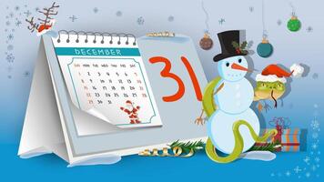 Illustration of the New Year and Christmas A snake wraps around a snowman on a calendar background vector
