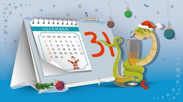 Illustration of the New Year and Christmas A snake wraps around a glass with a drink on a calendar background vector