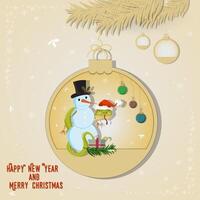 Illustration of the New Year and Christmas A snake wraps around a Snowman in a Christmas tree ball hanging on a branch vector