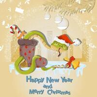 Illustration of the New Year and Christmas A snake crawls out of a gift sock in a circle of snowflakes and a city in the background vector