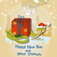 Illustration of the New Year and Christmas A snake wraps around a gift box in a circle of snowflakes and a city in the background vector