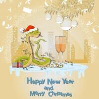 Illustration of the New Year and Christmas a snake wrapped in garlands in a circle of snowflakes and a city in the background vector