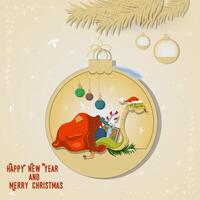 Illustration of the New Year and Christmas A snake crawls out of a bag of gifts in a Christmas tree ball hanging on a branch vector