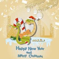 Illustration of the New Year and Christmas A snake wraps around a striped candy in a circle of snowflakes and a city in the background vector