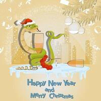 Illustration of the New Year and Christmas A snake wraps around a glass with a drink in a circle of snowflakes and a city in the background vector