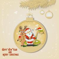 Illustration of the New Year and Christmas A snake and Santa and a deer hugging in a Christmas tree ball hanging on a branch vector