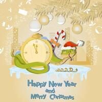 Illustration of the New Year and Christmas A snake wraps around a clock in a circle of snowflakes and a city in the background vector