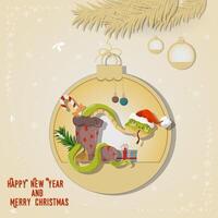 Illustration of the New Year and Christmas A snake crawls out of a sock in a Christmas tree ball hanging on a branch vector