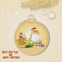 Illustration of the New Year and Christmas A snake wraps around a gingerbread man in a Christmas tree ball hanging on a branch vector