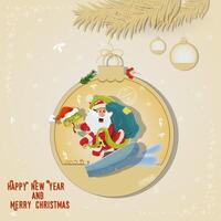 Illustration of the New Year and Christmas a snake and Santa snowboarding in a Christmas tree ball hanging on a branch vector