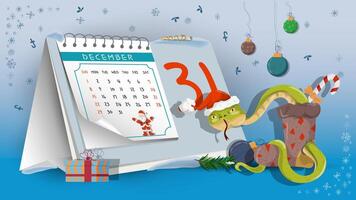Illustration of the New Year and Christmas A snake coming out of a Christmas sock on a calendar background vector