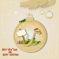 Illustration of the New Year and Christmas a snake with a wooden plaque in a Christmas tree ball hanging on a branch vector