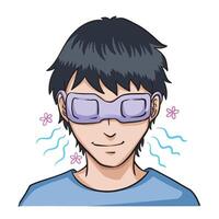 Man wearing steaming warm eye mask for tired eyes colorful illustration isolated on square white background. Simple flat cartoon art styled drawing. vector