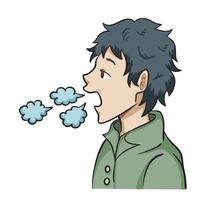 Man with green shirt yawning or burping colorful illustration isolated on square white background. Simple flat outlined cartoon art styled drawing. vector