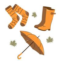 Set of autumn trendy stickers in yellow colors on a white background. Illustration of an umbrella, socks, boots, maple leaves for autumn posters, banners, cards in a flat, minimalistic style. vector