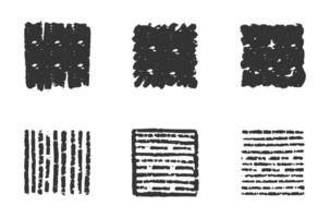 Chalk squares and boxes. Crayon hand drawn pencil frames. Charcoal brush straight texture. Scribble squares with different filling, full and with horizontal or vertical lines vector