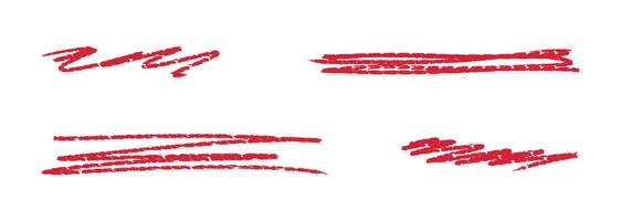 Chalk lines, red brush strokes, crayon pencil underlines. Sketch Charcoal straight horizontal lines. Scribble strokes. Grunge smears, thin and thick dividers. vector