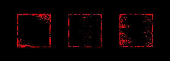 Chalk red minimalistic squares. Crayon hand drawn grunge square shapes on black background. Charcoal frames vector