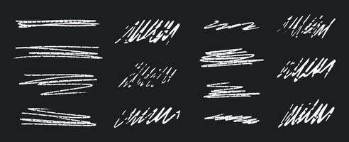 Chalk underlines and stroke line set. Crayon hand drawn pencil lines. Charcoal pencil straight horizontal lines. Scribble strokes on black background vector