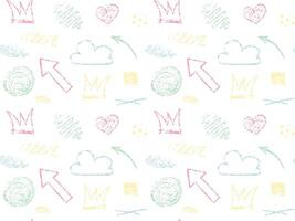 Chalk color brush seamless pattern. Crayon lines, arrows, heart, crown, circle, spiral, abstract grunge elements, square, frame, cloud, cross,dots. Kids hand drawn pencil scribbles on white background vector