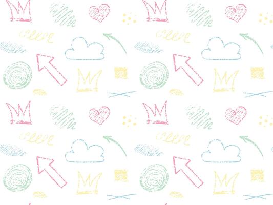 Chalk color brush seamless pattern. Crayon lines, arrows, heart, crown, circle, spiral, abstract grunge elements, square, frame, cloud, cross,dots. Kids hand drawn pencil scribbles on white background