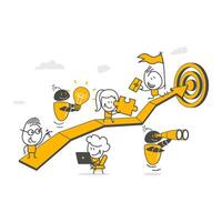 Robotic business team walking towards business growth target on arrow graph. vector