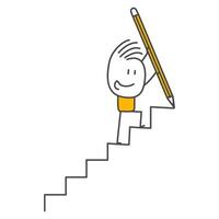 Businessman uses large pencils to draw and walk while climbing the stairs. vector