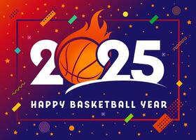 Happy basketball year 2025 with a flaming ball. Sport banner or greeting card with geometric elements vector