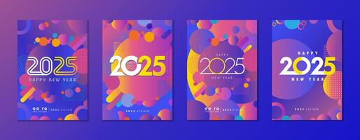 Happy New Year 2025 business posters. Creative set with memphis design style elements vector