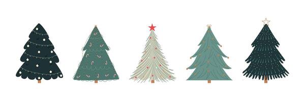 Set of isolated Christmas trees .Collection of decorated New Year trees with minimal decorations, stars, balls, bows, garlands.Hand drawn flat illustration vector