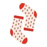 Knitted wool and cotton socks with Christmas trees. A pair of colorful winter socks with different holiday patterns isolated on white background. vector