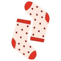Knitted wool and cotton socks with hearts design. Pair of colorful winter socks with different holiday patterns isolated on white background. vector