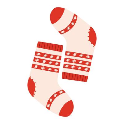Knitted wool and cotton socks with snowflakes design. Pair of colorful winter socks with different holiday patterns isolated on white background.