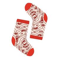 Knitted wool and cotton socks with geometric patterns. A pair of colorful winter socks with different holiday patterns isolated on white background. vector