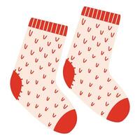 Knitted wool and cotton socks with geometric ornament. Pair of colorful winter socks with different holiday patterns isolated on white background. vector