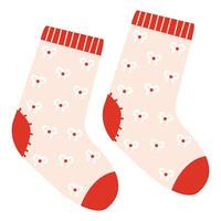 Knitted wool and cotton socks with bow design. Pair of colorful winter socks with different holiday patterns isolated on white background. vector