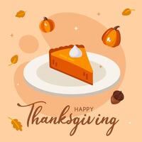 Pumpkin pie with nuts and leaves on the plate, thanksgiving card illustration vector