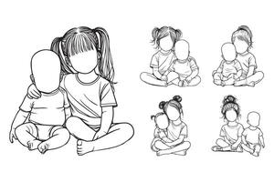 The black and white illustration showcases sibling affection in a seated pose vector