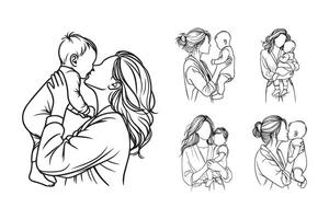 Line art depicting a cheerful baby with a foster mother vector