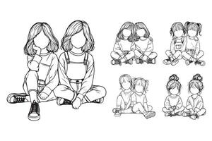 Art showcasing joyful poses of twin sisters in line art vector
