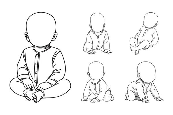 The black and white clipart highlights a charming baby in action