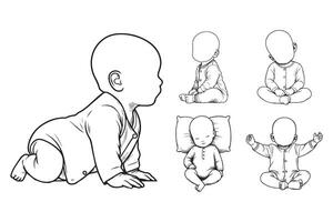 Line art features a happy, cute baby wearing clothes with buttons vector