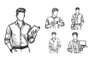 Line art depicting elegant men as entrepreneurs in casual style vector