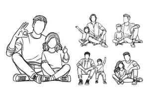 Cheerful father and son illustrated in a minimalist black and white style vector